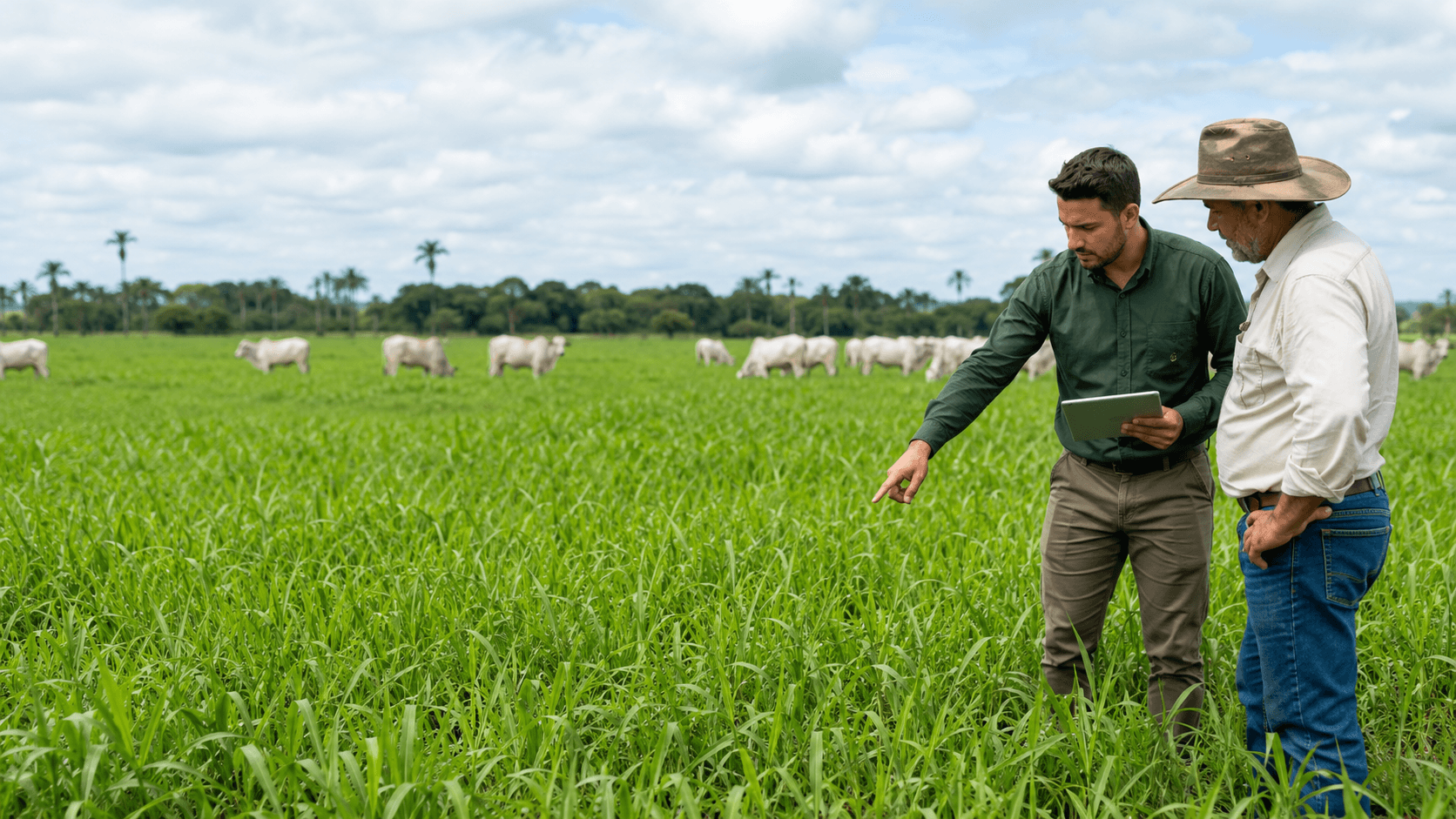 Engenheiro agrônomo orientando produtor em pastagem tropical